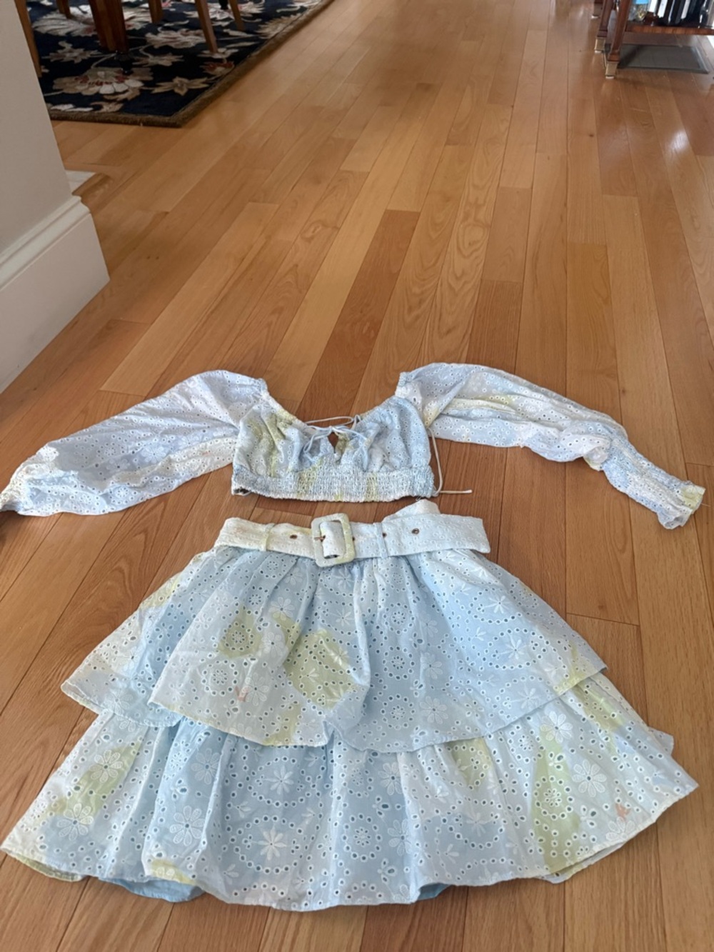 Womens Light Blue Eyelet Two-Piece Set with Belt